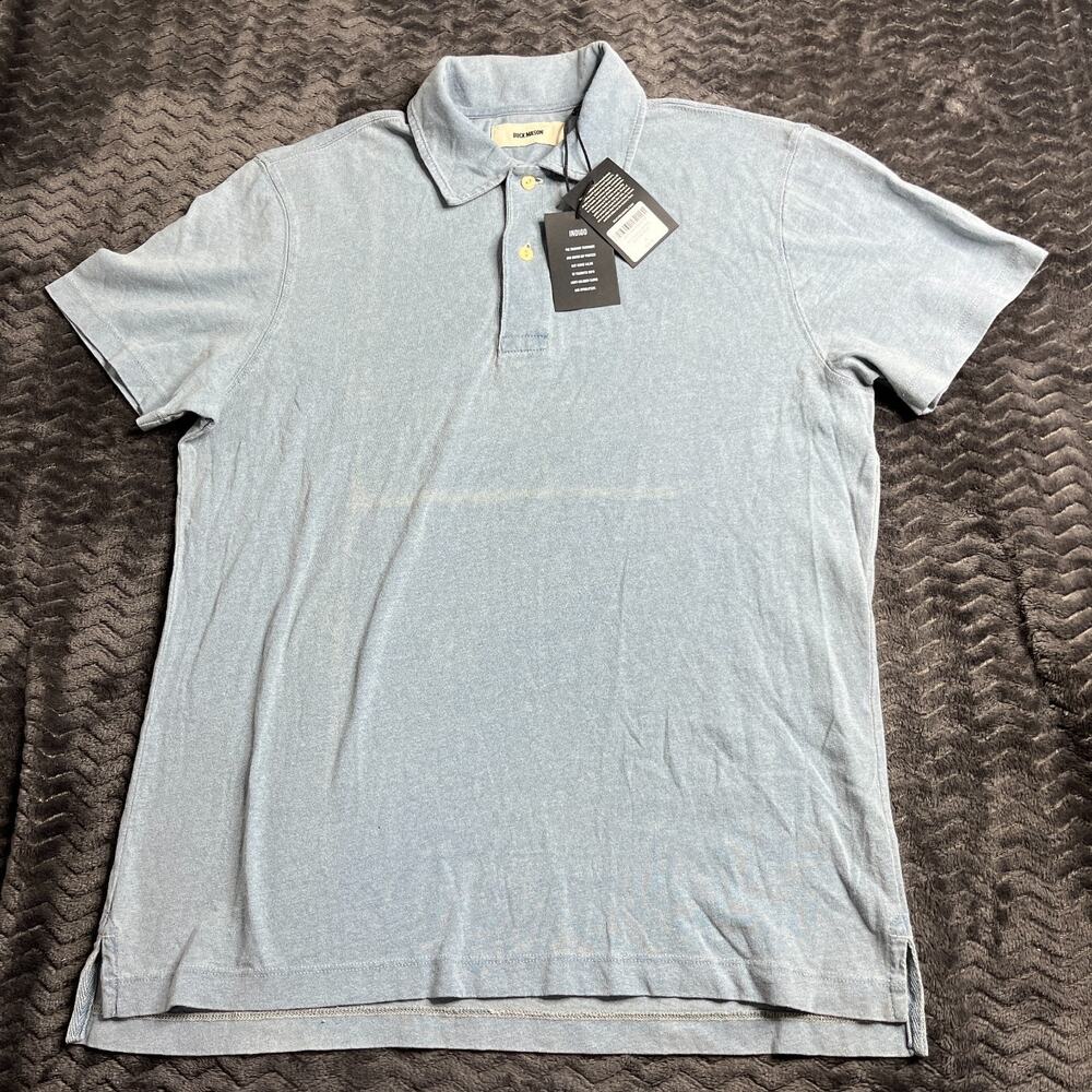 Buck Mason Polo Shirt size Medium Blue Indigo Dipped Cotton Short Sleeves NWT